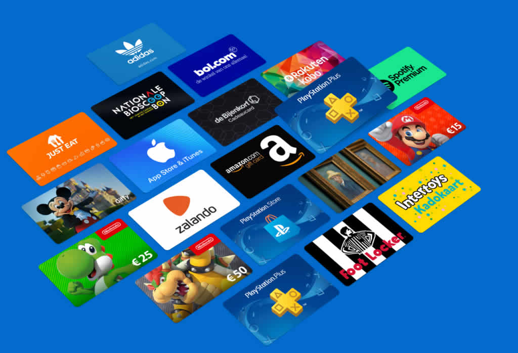 A collection of various gift cards on a blue background featuring brands like Adidas Spotify PlayStation Nintendo Just Eat Amazon and more Each card showcases its iconic logo and colors Buy gift cards and prepaid airtime with crypto for a modern touch to your gifting experience found at Refillarena