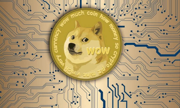 A gold coin featuring the iconic Doge Shiba Inu, representing Dogecoin, is centered on a computer circuit board background. The coin’s edge displays phrases like "wow much coin how money so crypto. found at Refillarena