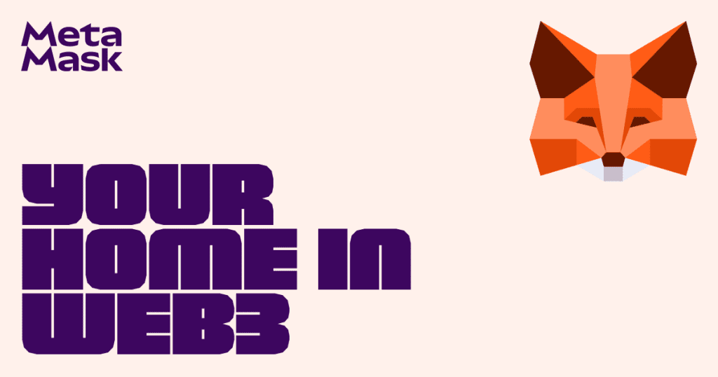 A stylized fox head logo appears in the upper right, with "MetaMask" in purple text in the upper left and bold purple text below reading "YOUR HOME IN WEB3" on a light background. found at Refillarena