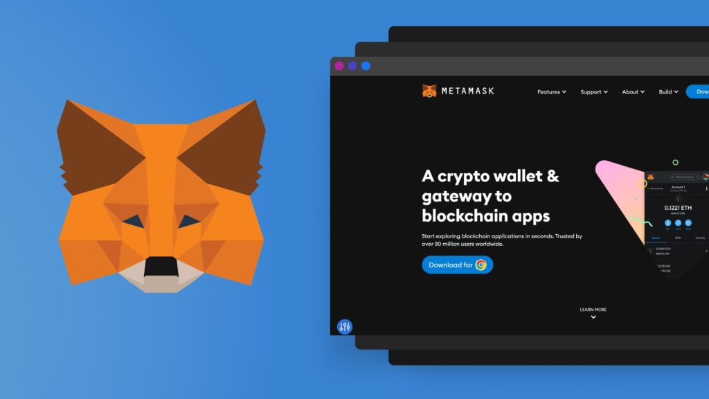 A stylized fox logo appears on the left, while a web browser window on the right displays the MetaMask homepage with the text "A crypto wallet & gateway to blockchain apps" and a blue "Download for" button. found at Refillarena