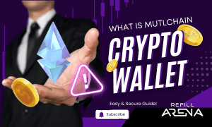 A person in a suit holds virtual Ethereum coins and a warning icon Text reads What is Multichain Crypto Wallet and Easy  Secure Guide Refill Arena highlighting the benefits of using a multichain crypto wallet Subscribe button at the bottom found at Refillarena
