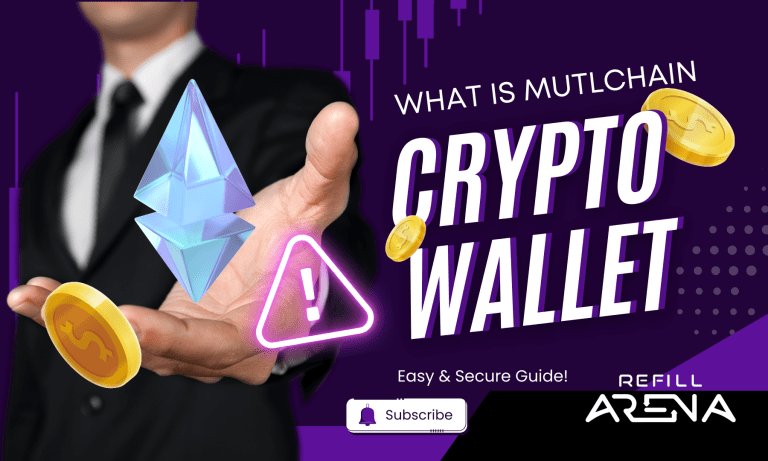 A person in a suit holds virtual Ethereum coins and a warning icon Text reads What is Multichain Crypto Wallet and Easy  Secure Guide Refill Arena highlighting the benefits of using a multichain crypto wallet Subscribe button at the bottom found at Refillarena