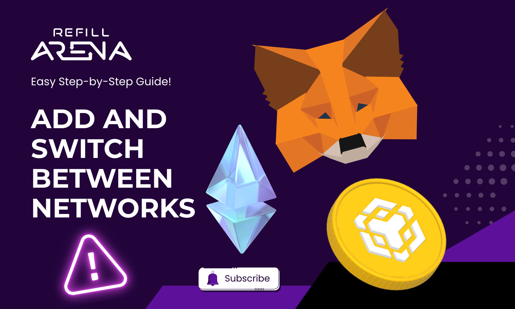 How you can change networks in MetaMask and Coinbase Wallet | A digital graphic with text “Add and switch between networks” featuring the MetaMask fox logo, Ethereum crystal, Binance coin, a warning icon, subscribe button, and the Refill Arena logo on a purple background. found at Refillarena