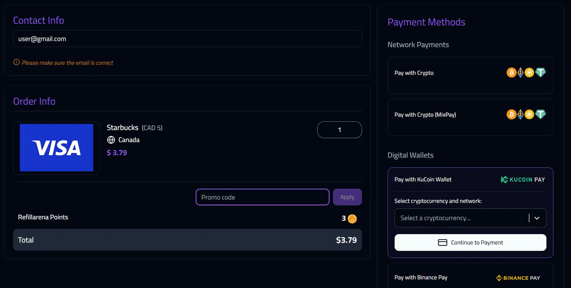 Buy VISA gift Card with Crypto